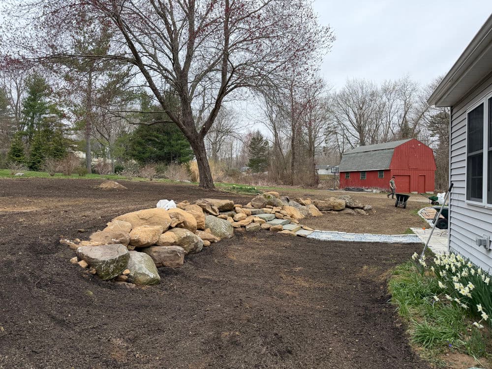 Rock landscaping in a backyard with a red barn, trees, and freshly tilled soil.