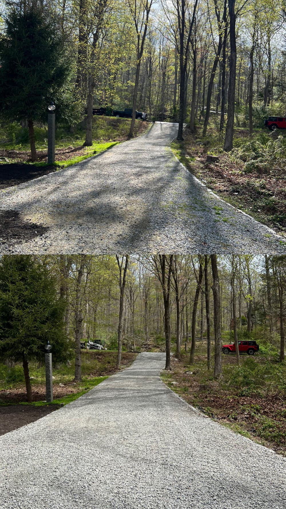 Gravel driveway leading through a wooded area with green trees and parked cars.