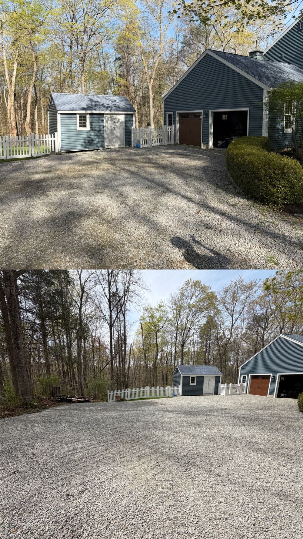 Before and after gravel driveway renovation with a blue house and wooden fence in a wooded area.